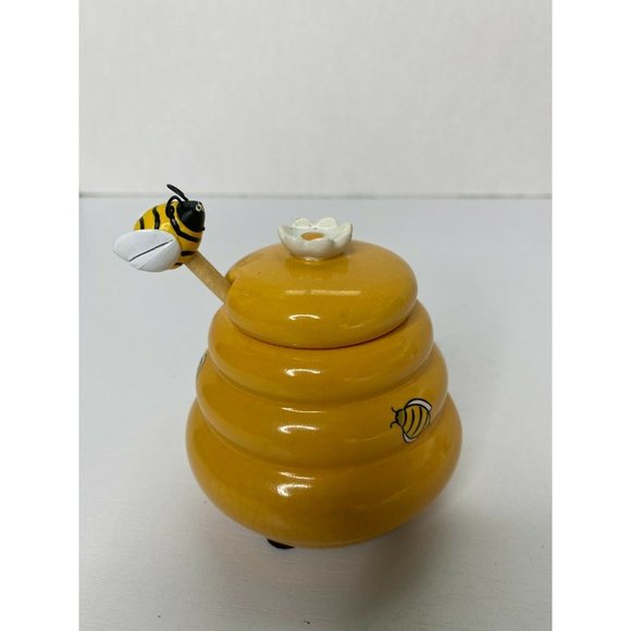 Ceramic Honey Miel Jar Honey Pot Bee Dipper And Bee Hive With Daisy - Picture 6 of 9